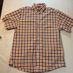 Bearbottom Men's Short Sleeve Button Up Collar Orange/Blue/White Pattern, Size M